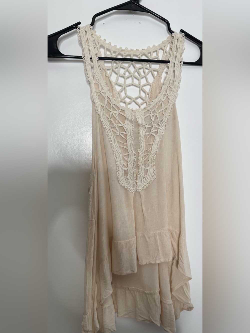 Crochet-Accent Cream Womens Sleeveless Blouse flowy boho oversized sz medium